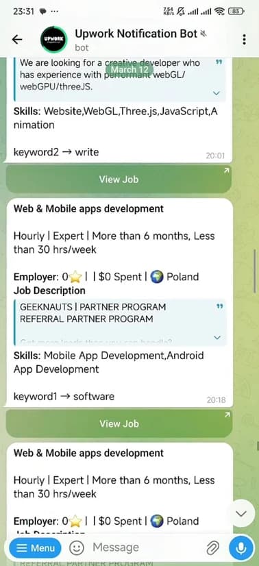 Track Gigs Upwork job alert preview showing real-time matching jobs delivered to your workflow.